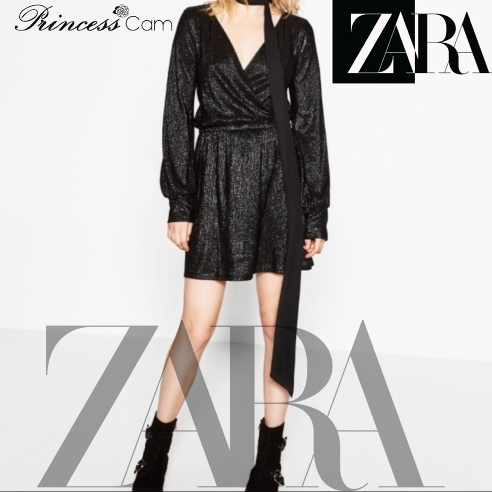 🆕 Zara Black Metallic Surplice Mini Dress Sz M - Picture 1 of 8